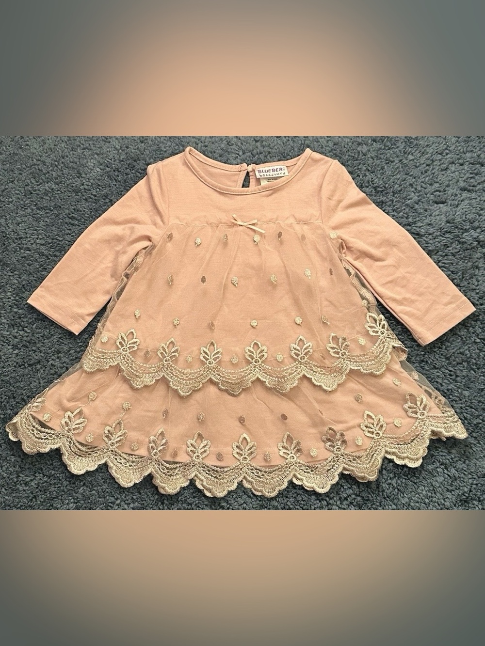 Blueberi Blvd Baby Girl 24M Pink 3/4 Sleeve Tiered Tulle Dress Metallic Overlay